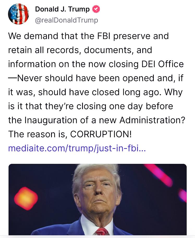 HERE WE GO: Trump Orders FBI to Preserve All Records Related to DEI Office